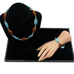 Premier Designs Southwestern BrownTurquoise Silvertone Necklace and Bracelet Set